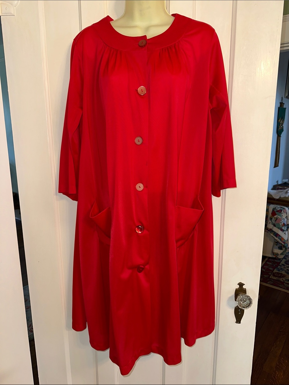 Vintage 60s Shadowline Red Nylon Button-Front Robe with Front Pockets